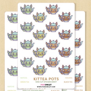 May include: A sheet of kiss-cut stickers featuring adorable cartoon cats dressed as teapots. The stickers come in three colors: green, yellow, and orange. The sheet is titled "Kittea Pots" and includes the text "Kiss Cut Sticker Sheet" and "Pinkowlet".