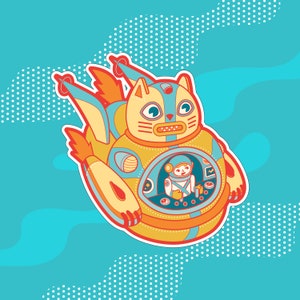 Puede incluir: Ilustraci&oacute;n caprichosa de un gato con traje espacial, con un peque&ntilde;o astronauta visible en el interior. El gato es principalmente amarillo y azul, con detalles en naranja, sobre un fondo turquesa con lunares blancos y patrones ondulados.