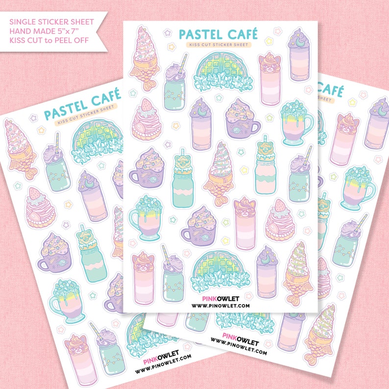 May include: A sheet of pastel-colored kiss-cut stickers featuring various cute cafe-themed illustrations. The stickers include drinks, desserts, and other sweet treats. The sheet is 5 inches by 7 inches and is hand-made. The text "PASTEL CAF&Eacute; KISS CUT STICKER SHEET" is printed on the sheet.