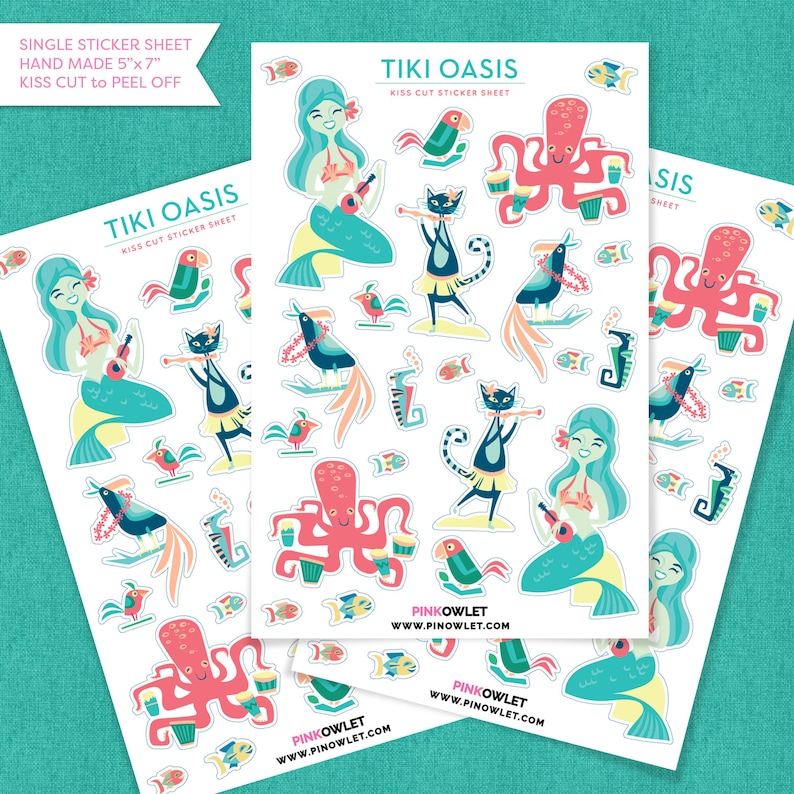 Tiki Oasis Mermaid Kiss Cut Paper Sticker Sheet image 1