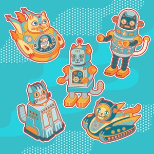 Puede incluir: Ilustraci&oacute;n de cinco gatos robot de dibujos animados en varios dise&ntilde;os. Los robots son principalmente azules, naranjas y amarillos, con detalles como engranajes, antenas y caras de gato. El fondo es turquesa con lunares blancos.