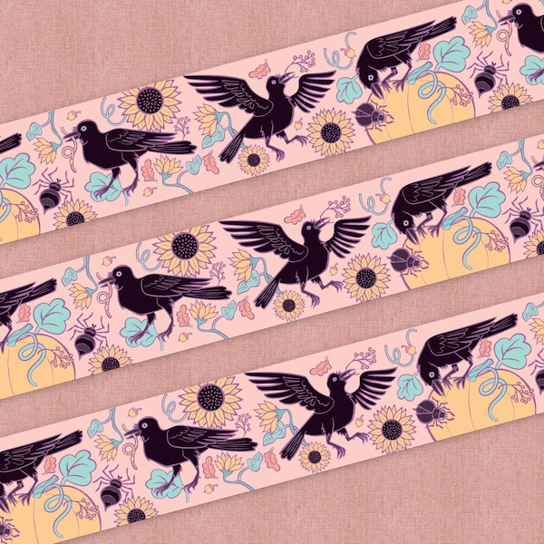 Raven & Sunflower Washi Tape – Autumn Journaling, Cottagecore Stationery