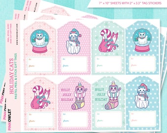 Pastel Holiday Cats Gift Tag Kiss Cut Sticker Sheet