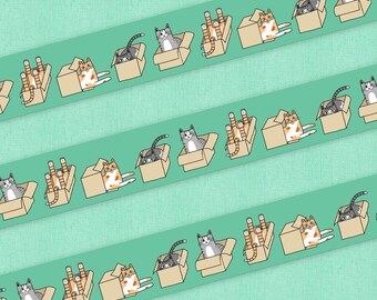Cats in Boxes Washi Tape – Orange & Grey Tabby Cats on Mint Green Background