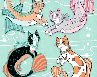 Puede incluir: Cuatro ilustraciones caprichosas de gatos-sirena sobre un fondo azul claro con líneas de ondas blancas. Cada gato tiene un esquema de color diferente, incluyendo naranja, gris, negro y blanco, y naranja y blanco. Todos tienen colas de sirena y llevan collares.