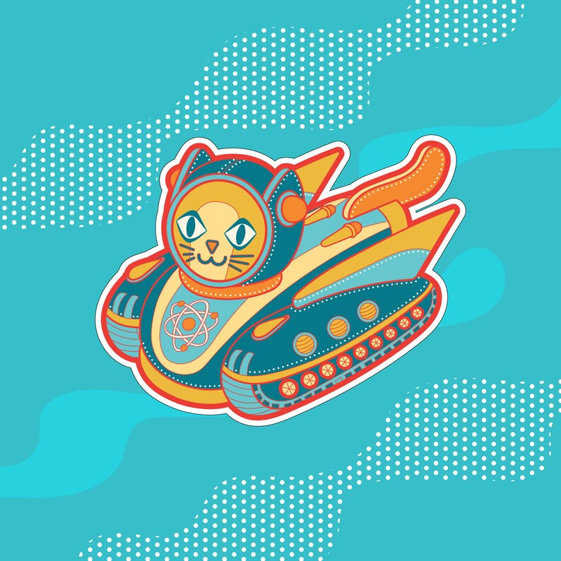 Puede incluir: Una pegatina caprichosa que presenta un gato en un veh&iacute;culo espacial. El dise&ntilde;o incorpora tonos de verde azulado, naranja y amarillo, con un s&iacute;mbolo at&oacute;mico estilizado. El fondo es azul claro con lunares blancos.
