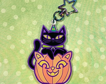 Halloween-kattunge och pumpa i akryl med berlock-nyckelring