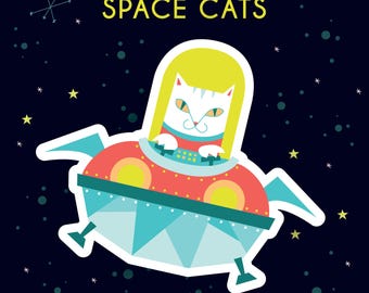 May include: A white cat with yellow hair is flying in a spaceship against a dark blue background with white stars. The spaceship is red, yellow, and blue. The text "COSMIC ASTROCAT TERRA SQUAD SPACE CATS" is at the top of the image.