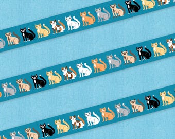 May include: A repeating pattern of colorful cats on a blue background. The cats are in various poses and have different fur colors and patterns.
