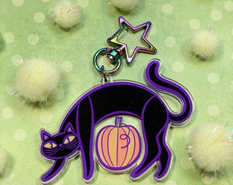 Portachiavi con ciondolo in acrilico con gattino di Halloween