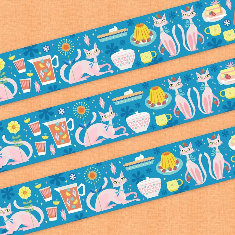 May include: A repeating pattern of blue and white stripes with pink cats, desserts, and floral designs. The pattern is on a light orange background.