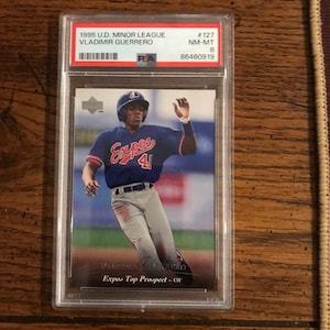 May include: A baseball card of Vladimir Guerrero in an Expos uniform. The card is encased in a protective holder and features the text "1995 U.D. MINOR LEAGUE" and "Expos Top Prospect - OF". The card is graded NM-MT 8.