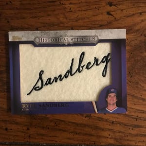 May include: A baseball card featuring the name "Sandberg" in black script on a white background, framed in blue. The card includes a small image of a baseball player in a blue uniform and the text "Historical Stitches".