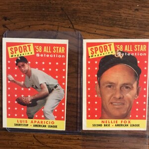 Tarjetas de béisbol Topps de Nellie Fox y Luis Aparicio All Stars de 1958 (edición original) (como se muestra en la imagen) (5908)