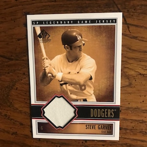 Può includere: Una carta di baseball con una foto di Steve Garvey, ex prima base dei Los Angeles Dodgers. La carta è della serie SP Legendary Game Jersey e presenta un pezzo della maglia di Garvey.
