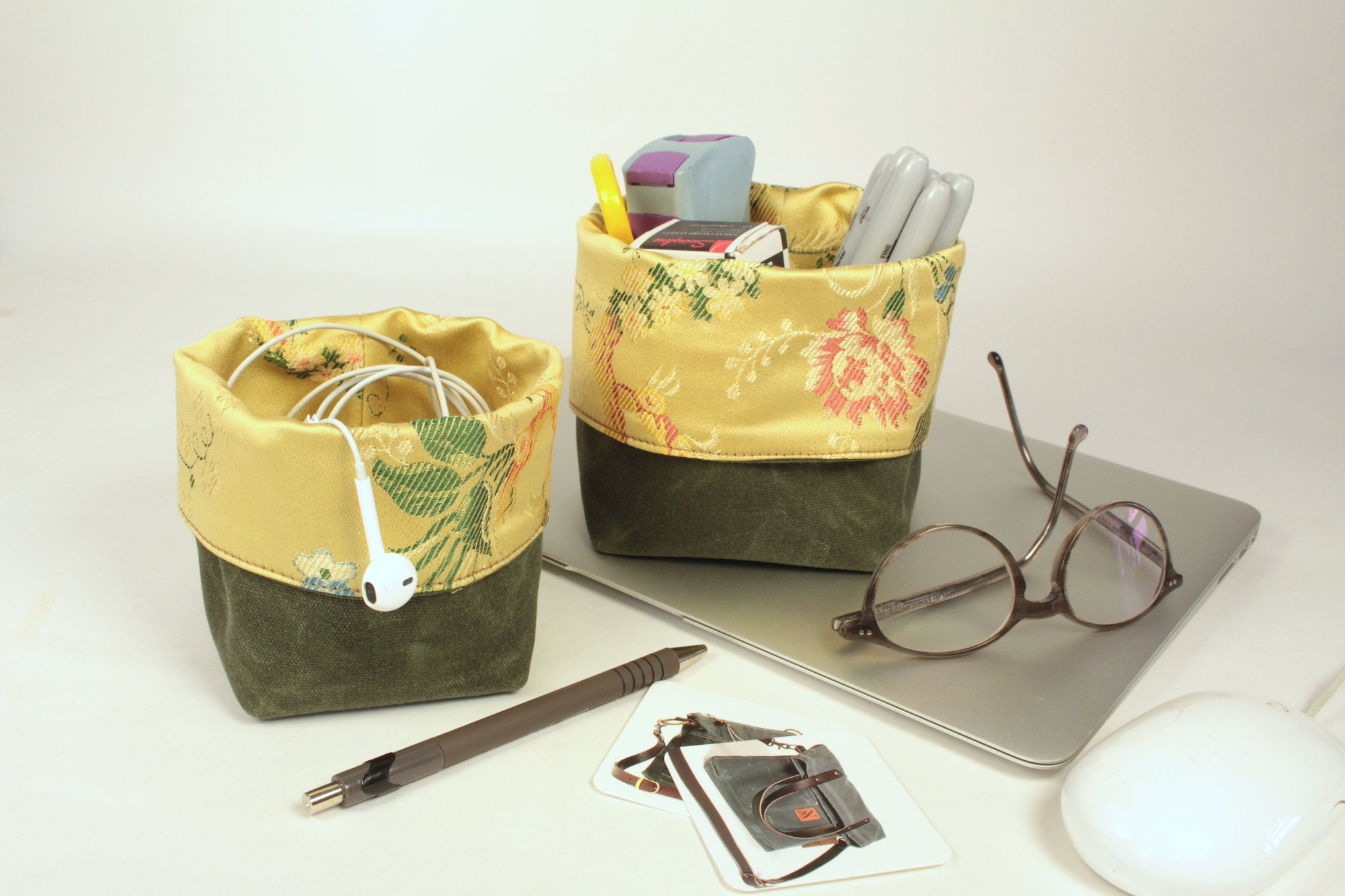 Cestas de almacenamiento de lona encerada verde pequeña con | Etsy