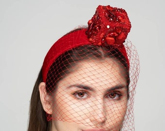 Plain Elain Luxe Red Embellished Cube Fascinator Headpiece "Brooke"