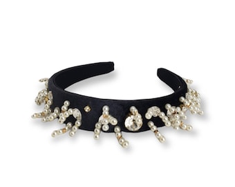 Plain Elain Luxe Black Velvet/Pearl Embellished Headband "Mona"