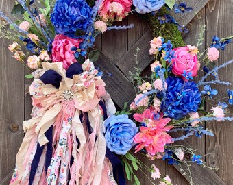 Floral wreath, Spring wreath, spring decor, Easter wreath, Mother’s Day Gift, Summer wreath, summer decor, moss wreath, rag bow wreath