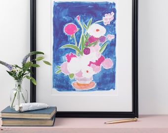 Pivoines et coquelicot vase-art print numérique imprimé a4 Aquarelle Encre bleu rose et vert