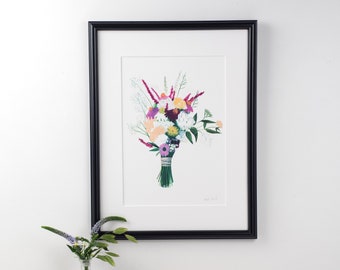 Summer Floral Bouquet - archival art print digitally printed, A4. Pink yellow white green botanical wildflower
