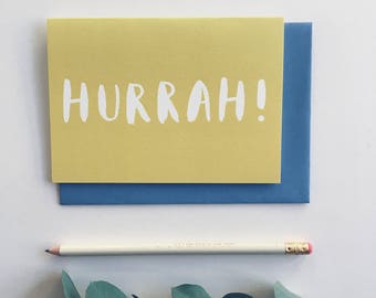 Hurrah Card -  hand lettered, congratulations, yellow, green, yay, well done, new job, new house, new baby, engagement
