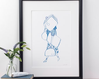 Girl Walking Print - illustrated journey print, fashion illustration, wall art, figurative drawing, line drawing, gift for people who travel