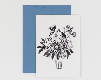 Roses Card - Botanical | Illustrated floral | Vase of flowers | Monochrome | Black and white | Birthday | Blank inside | Painted |