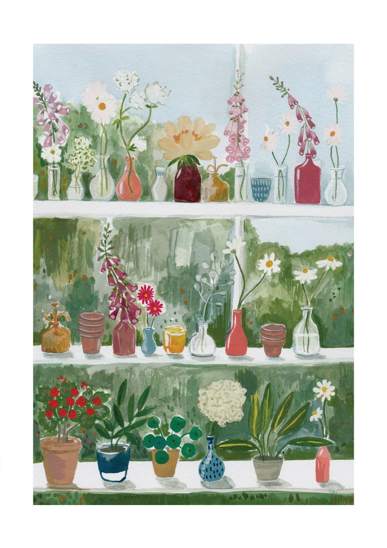 Glasshouse Print Cut flowers, house plants and succulents art print image 1