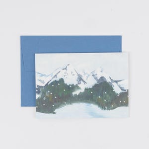 Cartão de montanhas ilustrado - Cartão de Natal ou feriado, em branco por dentro, Áustria, neve, floco de neve, esqui