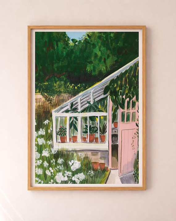 Garden Greenhouse Wall Art: Gouache Illustration | Kitchen Print | English Country Garden