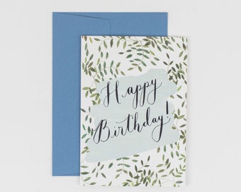 Happy Birthday botanical greetings card - illustrated calligraphy luxury handlettered vines