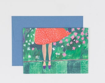 Garden Party Card - watercolour and gouache fashion illustration with floral garden design
