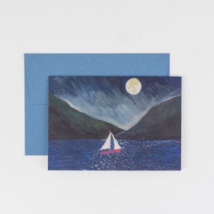 Carte illustrée de bateau à voile - Etoiles, lune, pleine lune, bateau, voile, bateau rouge, illustration, aquarelle, vers la lune et retour
