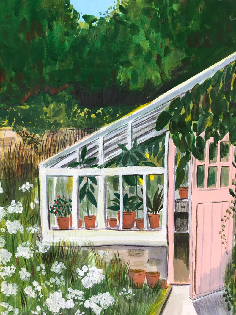 May include: A white greenhouse with a pink door and a glass roof. The greenhouse is surrounded by green plants and flowers. There are several potted plants inside the greenhouse.