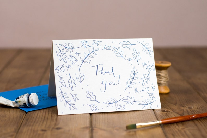 Thank You Card hand lettered, modern calligraphy leaf border blue and white navy design image 3