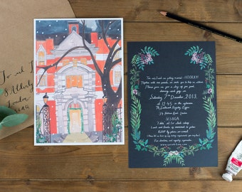 Custom Wedding Invitation - Illustrated water colour, bespoke stationery, floral, architecture, calligraphy