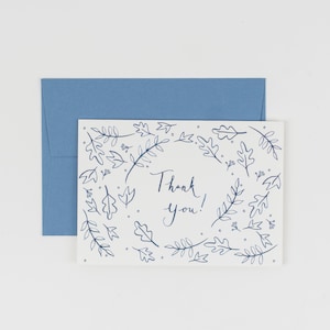 Thank You Card hand lettered, modern calligraphy leaf border blue and white navy design image 1