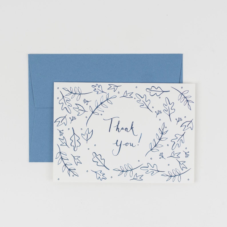 Thank You Card hand lettered, modern calligraphy leaf border blue and white navy design image 1