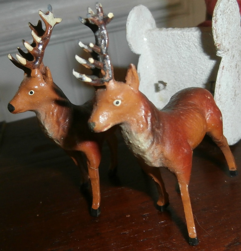 Vintage Christmas Germany decoration antique German Santa sleigh 2 reindeer composition putz mica felt old