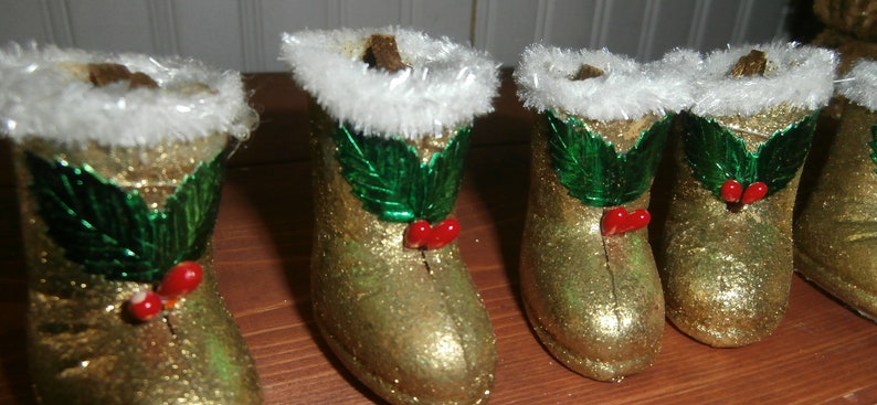 Vintage Christmas ornaments gold glittered paper mache miniature boot candy containers lot of 5 decorations with holly berry trim