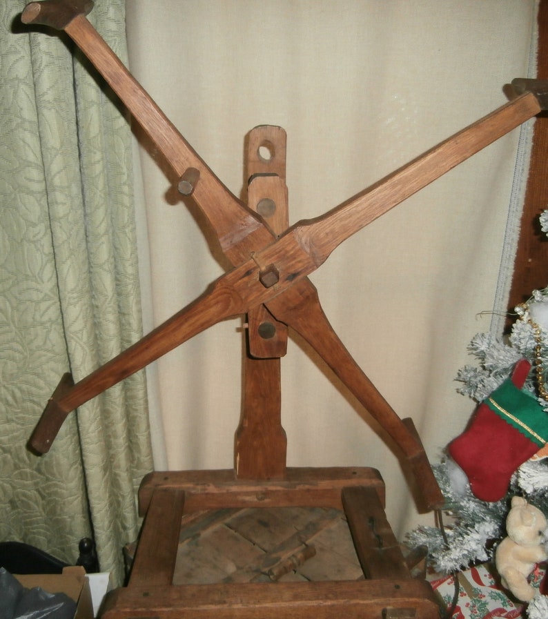 Antique hand made hand carved primitive wooden yarn winder spinner with wood pegs large 31 x 21 x 12 12 inches rustic built farm house