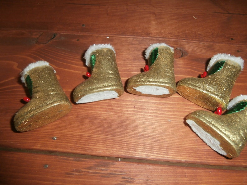 Vintage Christmas ornaments gold glittered paper mache miniature boot candy containers lot of 5 decorations with holly berry trim