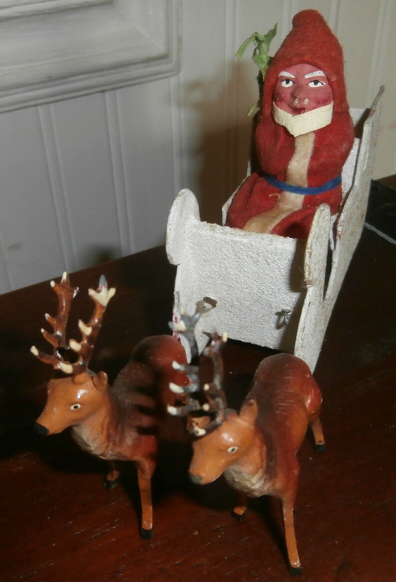 Vintage Christmas Germany decoration antique German Santa sleigh 2 reindeer composition putz mica felt old
