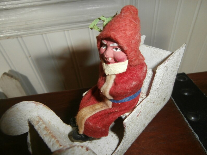 Vintage Christmas Germany decoration antique German Santa sleigh 2 reindeer composition putz mica felt old