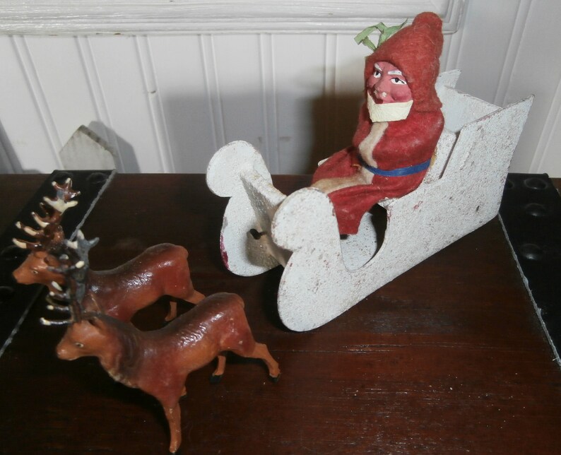 Vintage Christmas Germany decoration antique German Santa sleigh 2 reindeer composition putz mica felt old