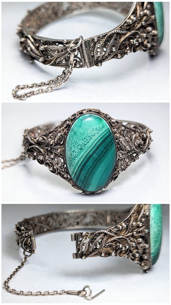 Ornate Silver Filigree & Malachite Hinged Bracelet