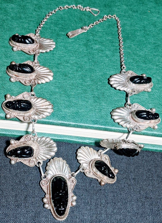 1940's Sterling & Onyx Aztec Face Mask Necklace