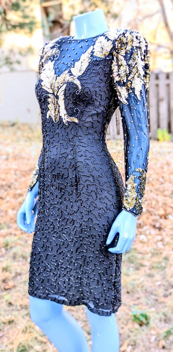 sachin and babi light blue dress 1980s Nite Line Silk Cocktail Dress: Beaded Sequin, Size 4