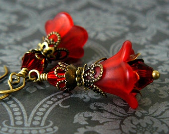 Red Flower Earrings, Vintage Inspired Crimson Lucite Flower and Crystal Dangles, Poppy Red Floral Jewelry, Romantic Fairytale Jewelry